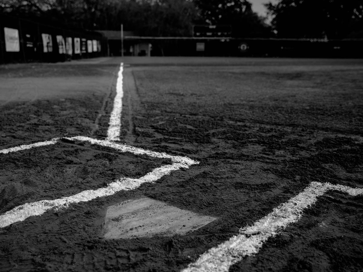 Home plate and chalk lines on a baseball diamond